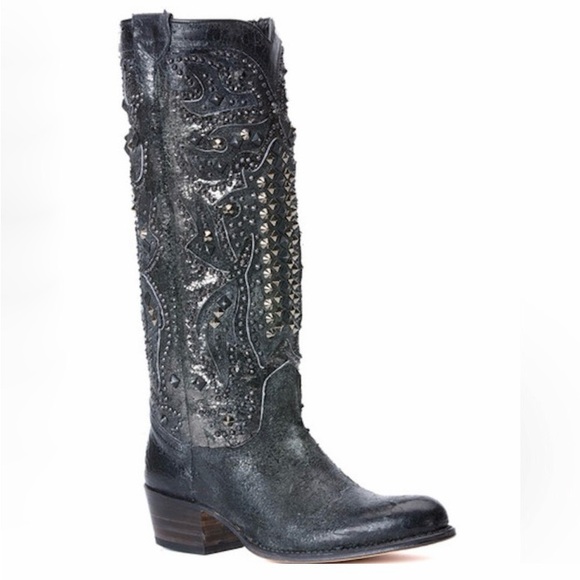 Frye Shoes - Frye Deborah Deco Studded Tall Western Boot Charcoal